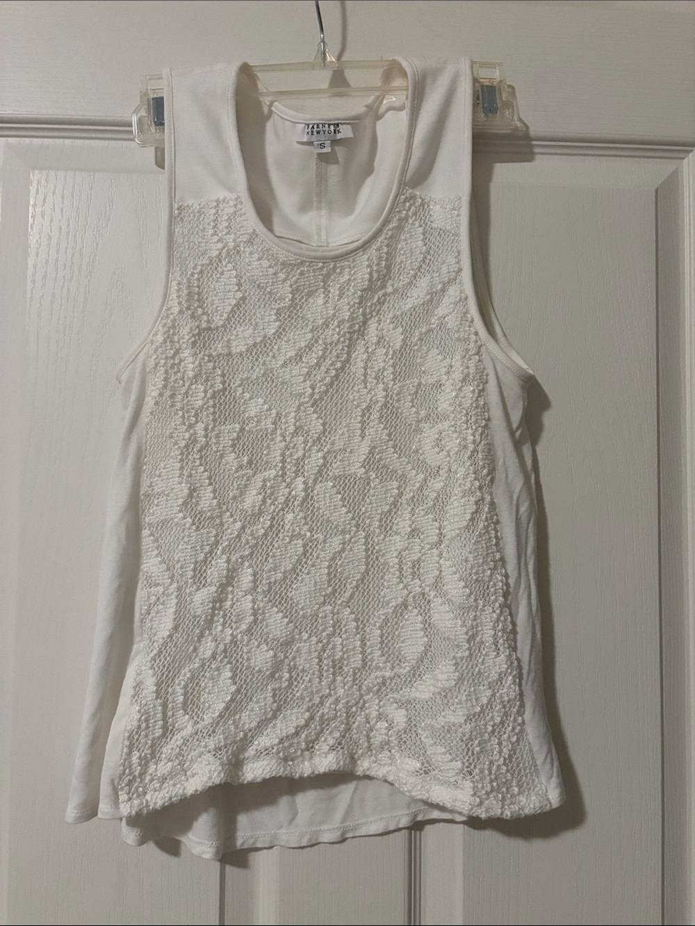 Barneys New York White Textured Lace Panel Front Tank Top Sz S